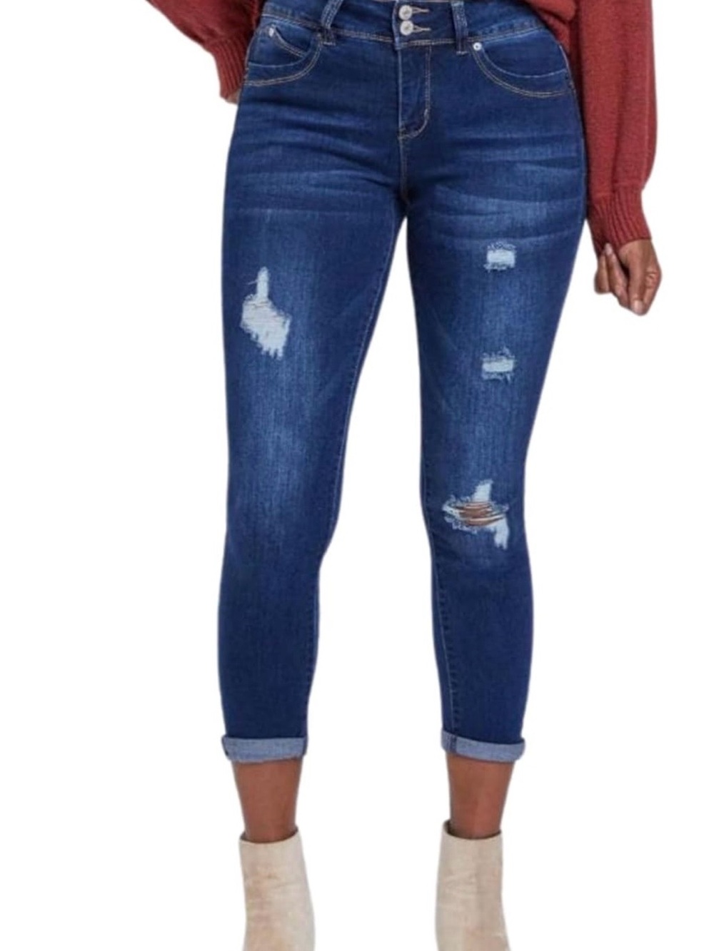 Distressed Mid-Rise Skinny Jeans